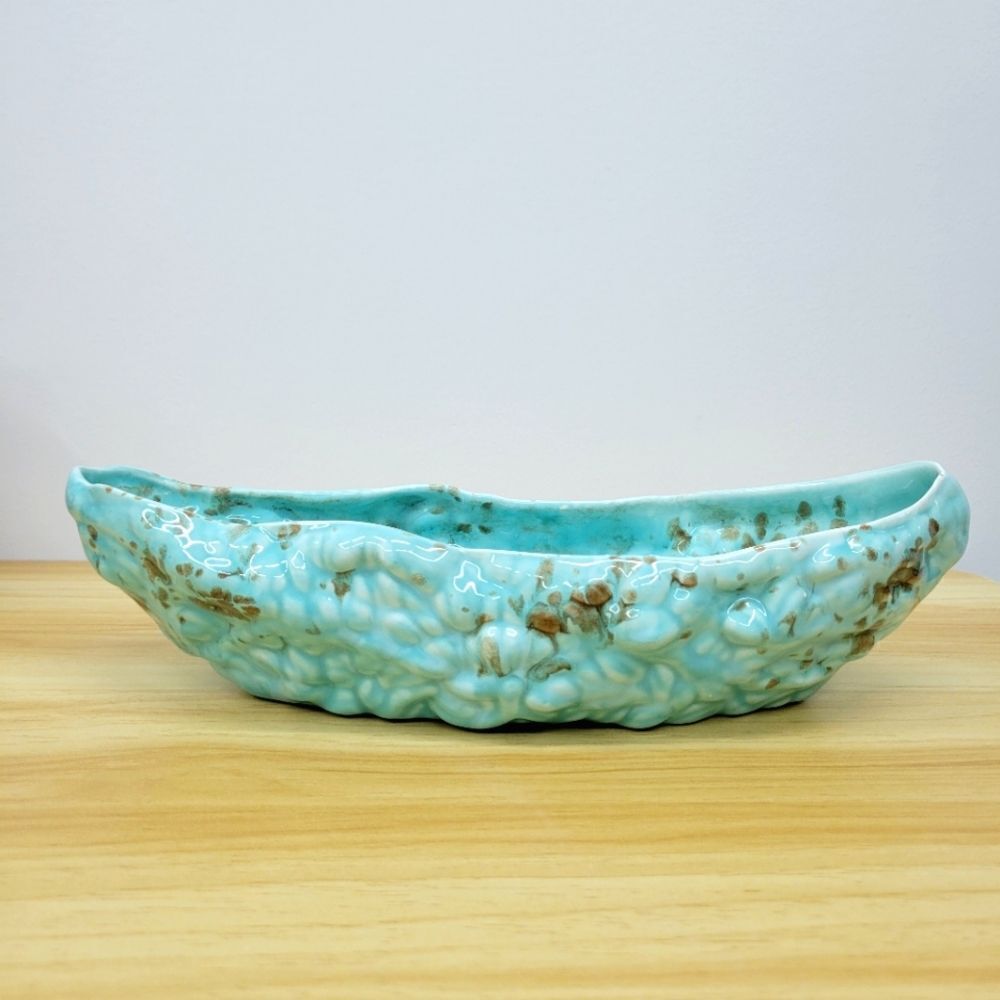 Vintage MCM California Pottery Aqua Teal Speckle Long Planter
